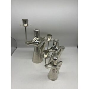 Vintage Banka Tin Angel Hammered Sliver Candle Holder Set Of 3